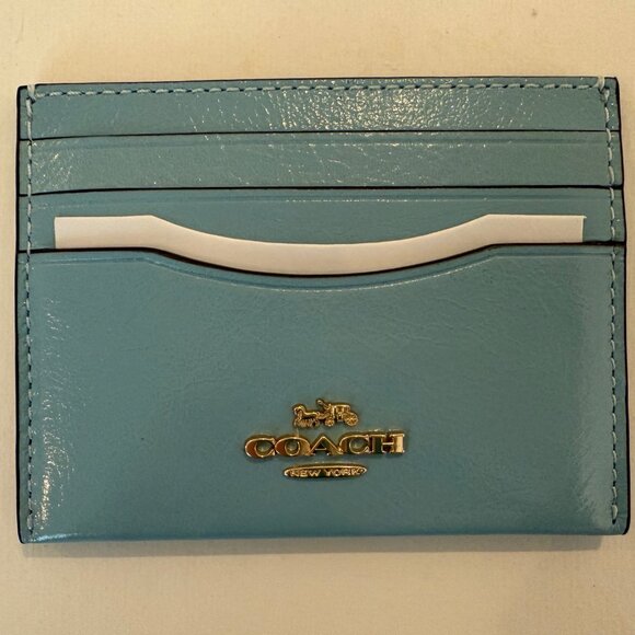Coach Slim Id Card Case Powder Blue,shiny crinkle leather - Picture 1 of 5